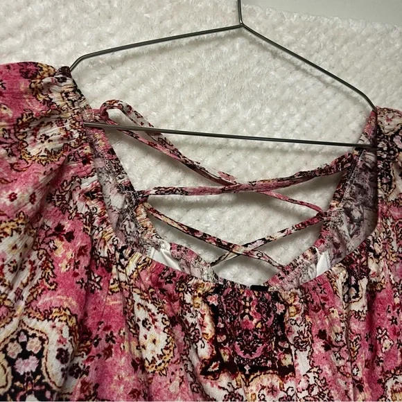 TORRID Crinkle Gauze Cris Cross Back Top Pink & Brown Peplum Cinched Waist Shirt - Picture 9 of 13